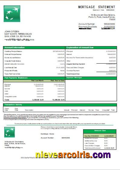 France BNP bank mortgage statement